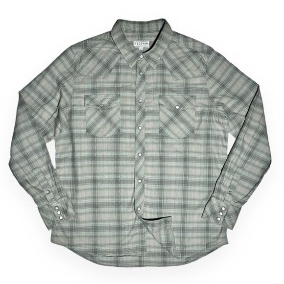Tecovas L Sawtooth Plaid Western Pearl Snap Shirt Grey Green Cowboy - Picture 1 of 8